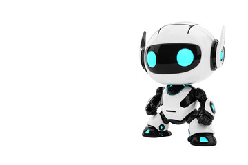 Cute futuristic robot with glowing blue eyes and accents, standing, technology and artificial intelligence isolated on transparent background