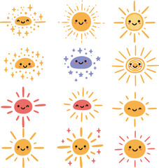 Collection of vector sun icons: diverse designs for summer, sunlight, and weather illustrations