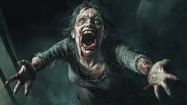 Bloody zombie woman reaching out