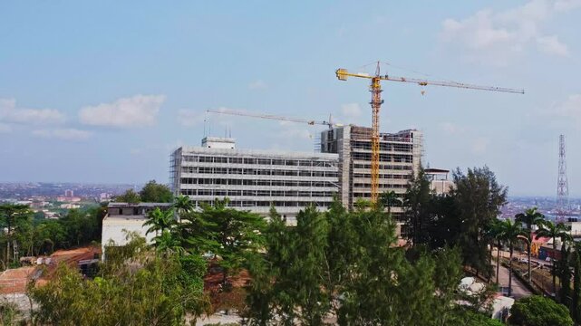 Jib up of the beautiful Premier hotel under renovation on a sunny day in Ibadan, Nigeria