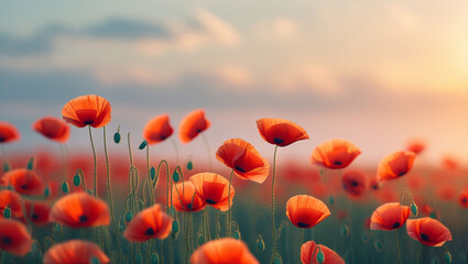 Obraz premium Beautiful poppy field nature landscape red poppy flowers spring summer meadow floral background scenic view 100