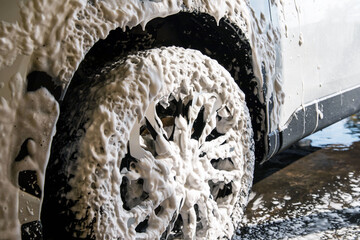 Close-up photo of car wash foam covering a vehicle wheel, highlighting thick white bubbles on the...