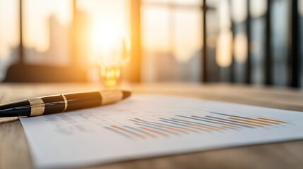 Business Document and Pen on Table with Sunset Light in Background