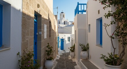 Fototapeta premium Picturesque Alleyway in Greece with White Buildings, Blue Doors and Church