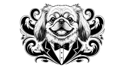 Obraz premium Sophisticated Dog Portrait: An intricately designed black and white illustration showcases a refined dog, embodying elegance. The artwork features the dog adorned in formal attire.