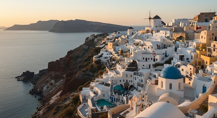Picturesque Santorini Village at Sunset with White Buildings and Blue Domes