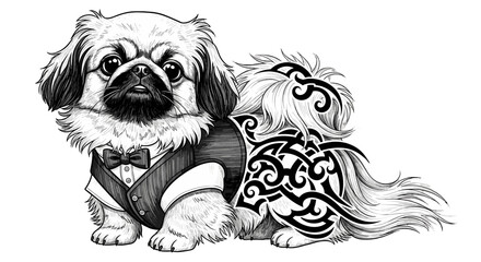 Pekingese in a tuxedo: A distinguished Pekingese dog, adorned in a dapper tuxedo, exudes elegance and charm with a unique tattoo.