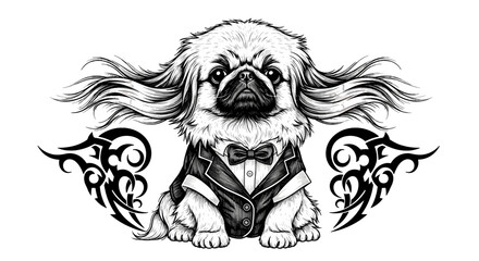 Fototapeta premium Dapper Canine Portrait: An exquisitely detailed, regal Pekingese dog, attired in a stylish tuxedo, embodies elegance and sophistication with an air of poise, creating a portrait of timeless charm.