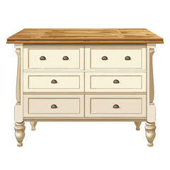 Detailed CreamColored Chest of Drawers with Wooden Top and Dark Handles