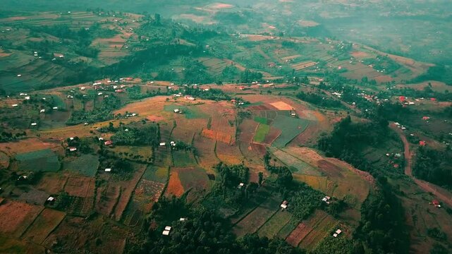 Drone aerial view of farmland patchwork on the slopes of Mount Elgon in Kapchorwa, Eastern Uganda, with scattered homes, cultivated plots, trees, and dirt roads defining the rural topography
