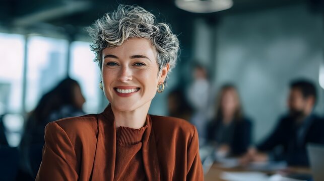 Smiling self assured woman with curly brown hair wearing a casual sweater standing in a bright contemporary office setting with coworkers in the background