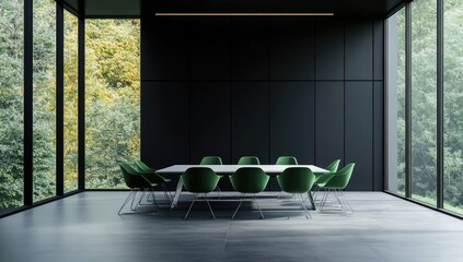 Modern conference room with dark walls and large windows (1)