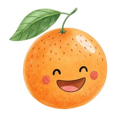 Cute Orange Fruit with Happy Smiling Face and Green Leaf on White Background