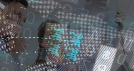 woman doctor tapping film world map, man doctor joining pointing at graphs showing medical data - Powered by Adobe