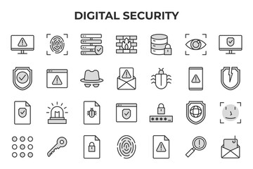 Security and Protection Icons Set. Modern thin line vector illustration of privacy, shield, lock, password, antivirus, guard, and safe digital defense symbols isolated on backgroun