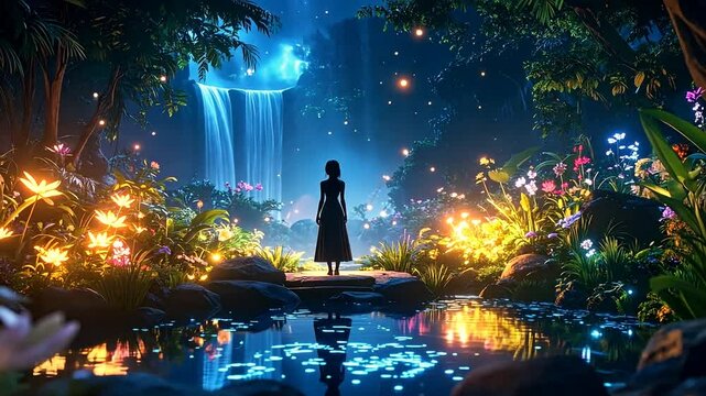 Girl Silhouette In Magical Night Forest With Waterfall And Glowing Flowers