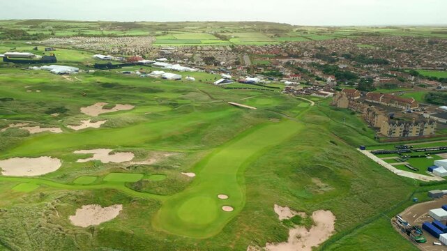 Right-to-left travelling 4K aerial video of Royal Portrush Golf Club in Northern Ireland, UK. Filmed in 60 frames per second and with Rec709 color.