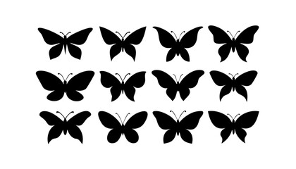 Fototapeta premium Elegant Butterfly Silhouette Vector Set — Decorative Insect Icons with Wings Spread in Black Minimal Style for Nature, Beauty, and Decorative Design Themes