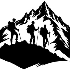 Hikers on a mountain silhouette with white background.