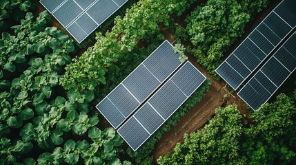 Solar panels are positioned among leafy plants in a green energy field viewed from directly above in an overhead shot