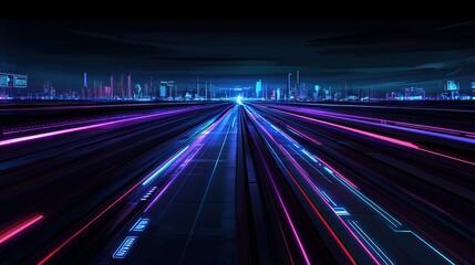 Obraz premium Illuminated city skyline at night with pink and blue light streaks across the road under a dark sky