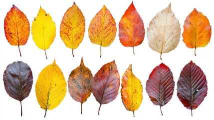 Obraz premium A collection of autumn leaves arranged in a grid pattern on a white background.