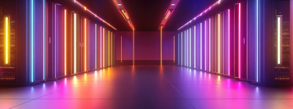 Neon-lit server room hallway