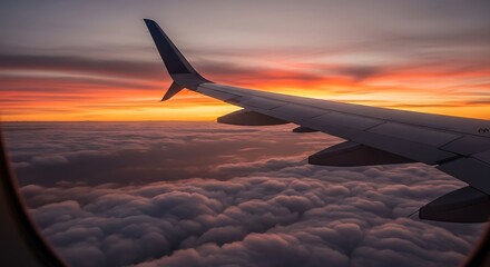 Fototapeta premium Airplane wing above a sea of clouds during a vibrant orange and pink sunset