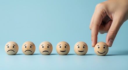 A hand selects a happy emoji from a row of wooden emojis showing different emotions