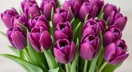 A beautiful bouquet of deep purple tulips with vibrant green leaves