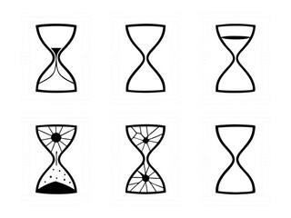 Collection of six white hourglass icons with different sand levels and designs on black background