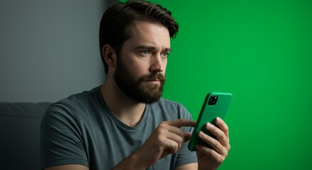 Pensive man with beard uses smartphone against green backdrop, contemplating digital information or message.