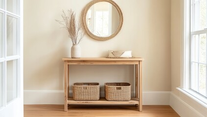 Light-toned entryway console table with round mirror and baskets