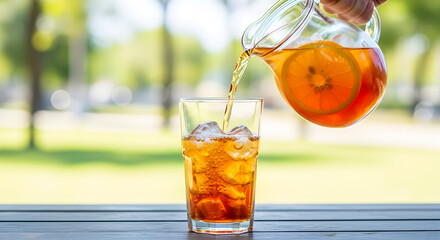 Refreshing iced tea is poured from a glass pitcher into a glass with ice and orange slices on a summer day.