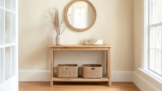 Light-toned entryway console table with round mirror and baskets