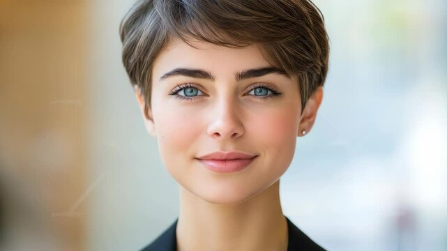 Attractive woman with pixie cut, wearing business suit, indoors