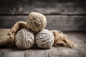 A bunch of beige and white yarn balls of twine neatly arranged on a rustic burlap background on a wooden table.