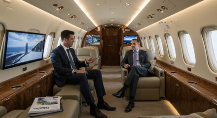 Two Businessmen Discussing Strategy Inside a Luxurious Private Jet Cabin