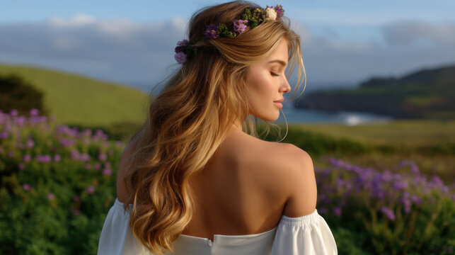 Woman with long blonde hair and floral crown stands in scenic landscape, wearing off shoulder white dress - Powered by Adobe