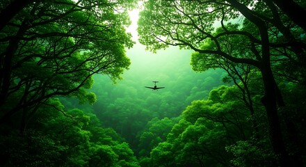 Obraz premium Airplane flying over lush green forest canopy with sunlit sky above