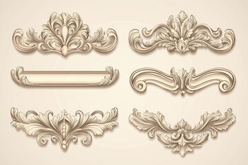 Six ornate decorative elements in a light beige tone