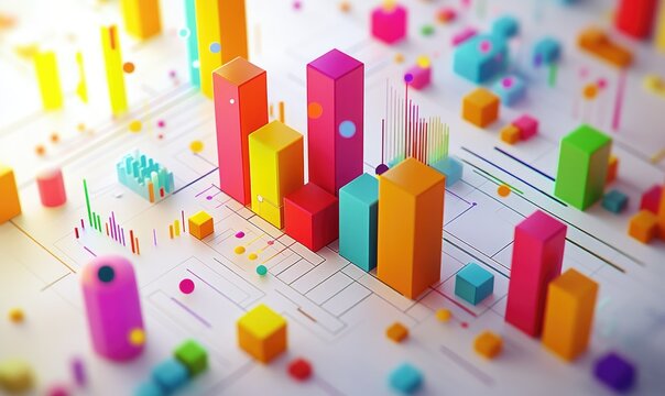 Colorful, abstract graphic design with 3D shapes.  Vibrant bar graphs and geometric forms layered on a grid.  Intricate network of lines and small shapes