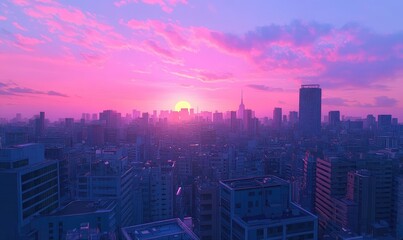 Fototapeta premium Aerial view of a city skyline at vibrant sunset. 