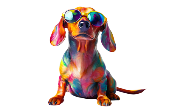 Dachshund dog with colorful fur and sunglasses poses against a dark backdrop, displaying vibrant hues and quirky charm, transparent background