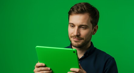 Focused young man engrossed in his vibrant green tablet, thoughtfully reviewing content against a bright green backdrop.
