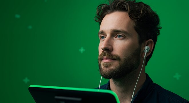 Thoughtful young man listens to music with earbuds, lost in contemplation against a vibrant green backdrop.