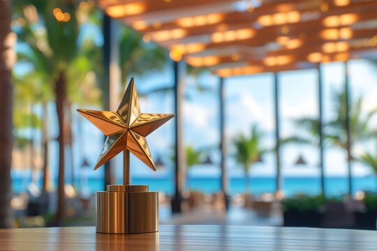 Gold star award on a table, tropical backdrop