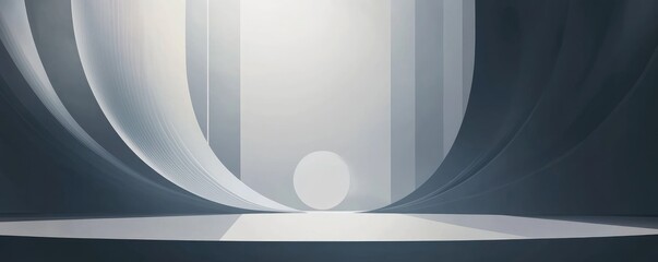 Empty, abstract stage with flowing, light gray drapes.  A neutral, bright, and minimalist scene