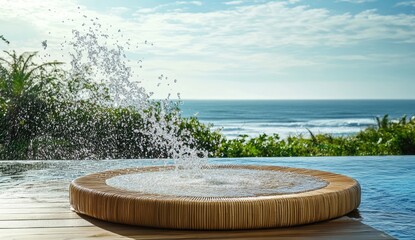 Oceanview pool fountain.  Water sprays from a circular, light brown wooden platform,  in a modern pool, overlooking a tranquil ocean vista