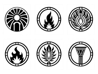 Collection of six stylized black and white circular emblem icons